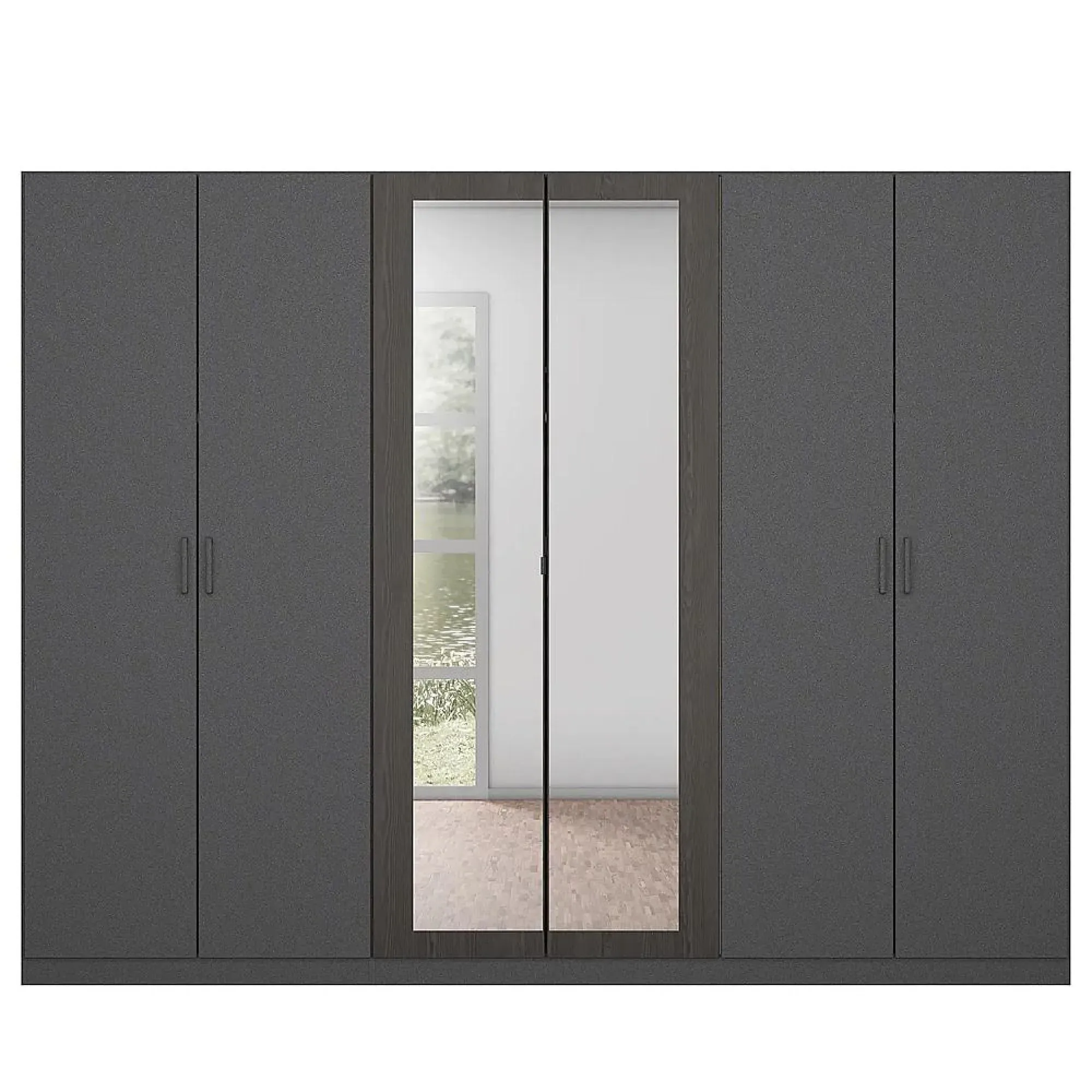Miro 6 Door Wardrobe with Mirror - Metallic Dark Grey, Black Oak