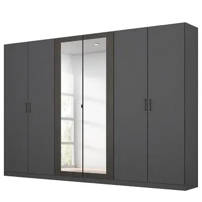 Miro 6 Door Wardrobe with Mirror - Metallic Dark Grey, Black Oak
