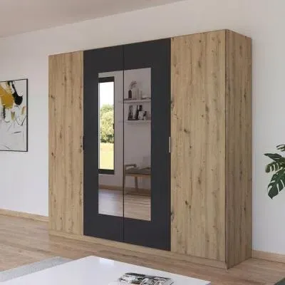 Monza 4 Door Wardrobe with Mirror - Artisan Oak, Metallic Dark Grey