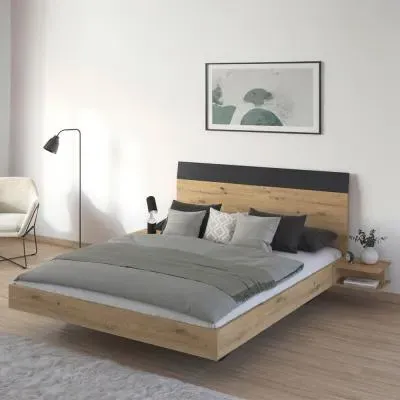 Monza King Size Bed with 2 Hanging Bedside Tables - Artisan Oak