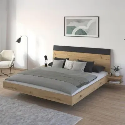 Monza Queen Size Bed with Hanging Bedside Tables - Artisan Oak