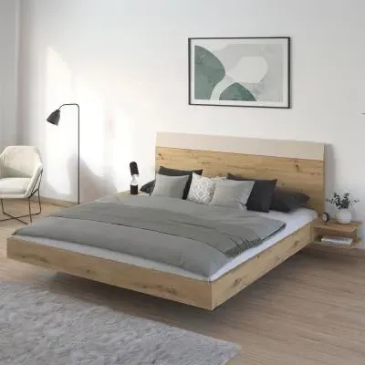 Monza Queen Size Bed with Hanging Bedside Tables - Artisan Oak