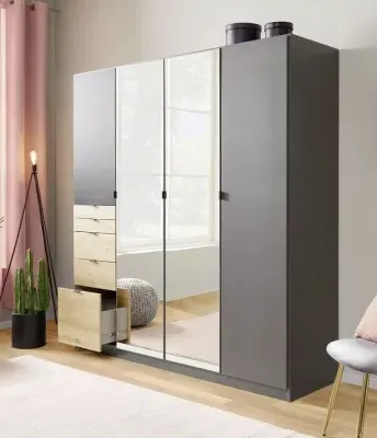 Ontario 4 Door Combi Wardrobe - Metallic Grey, Oak