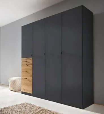 Ontario 4 Door Wardrobe with Drawers - Metallic Grey, Oak image