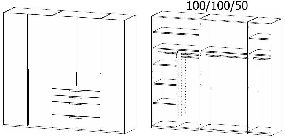 Purisma 251cm Glass 5 Door Wardrobe with Drawers - Silk Grey