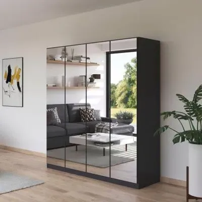 Reflect 4 Door Mirrored Wardrobe with Interior Division - Metallic Dark Grey