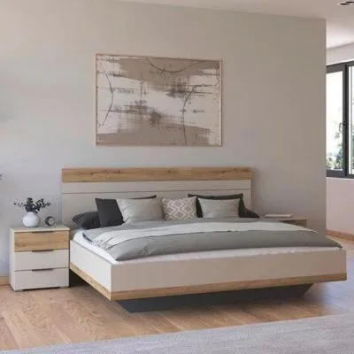 Sajo Queen Size Bed with 2 Bedside Cabinets - Champagne, Artisan Oak