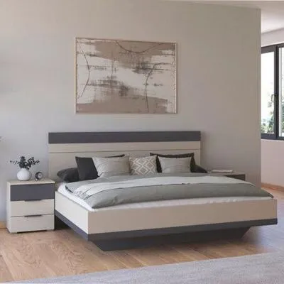 Sajo Queen Size Bed with 2 Bedside Cabinets - Champagne, Metallic Dark Grey