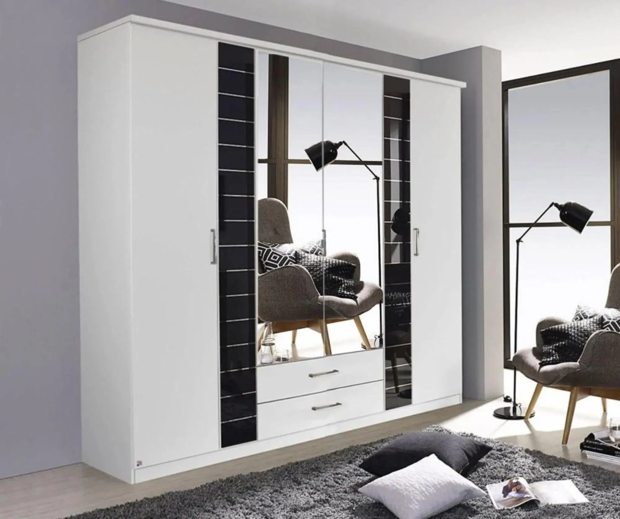 Terano 6 Door Mirror Wardrobe with Cornice - White, Basalt