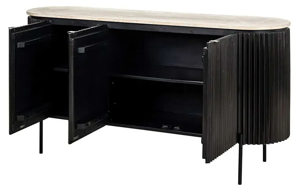 Hampton 3 Door Large Sideboard with Fluted Base - Black, Travertine