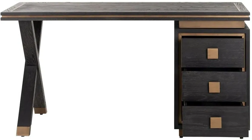 Hunter 3 Drawer Desk with Gold Trim - Black, Oak