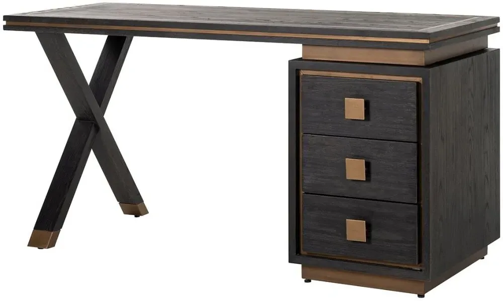 Hunter 3 Drawer Desk with Gold Trim - Black, Oak
