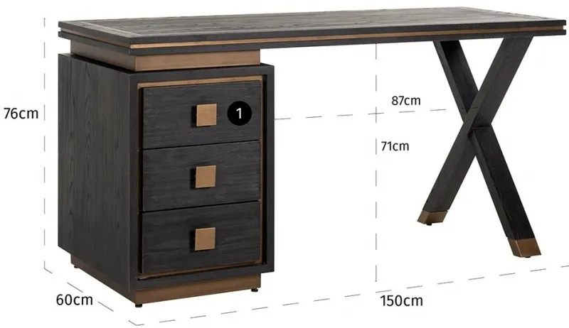 Hunter 3 Drawer Desk with Gold Trim - Black, Oak