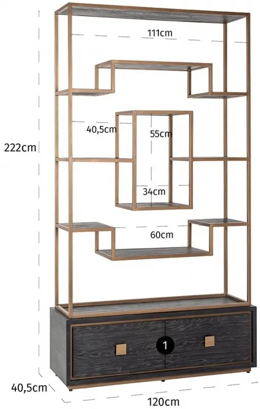Hunter Storage Shelving Unit with Gold Trim - Black, Oak