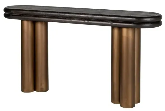 Macaron Curved Console Table - Black Rustic Oak, Brushed Gold