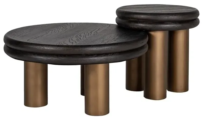 Macaron Round End Table - Black Rustic Oak, Brushed Gold