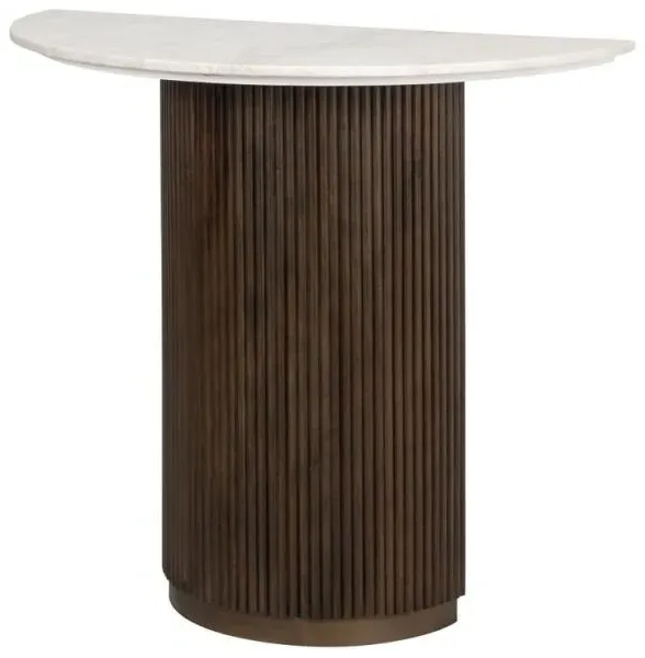 Mayfield Half Moon Console Table - White Marble, Dark Wood