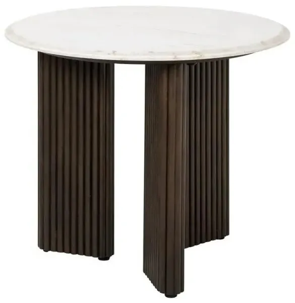Mayfield Round Side Table - White Marble, Dark Wood