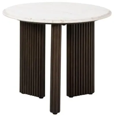 Mayfield Round Side Table - White Marble, Dark Wood