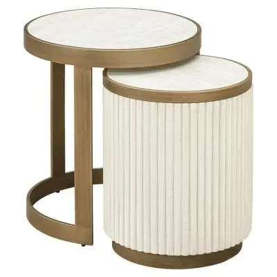 Tivoli Round End Tables Set of 2 with Gold Trim - White image