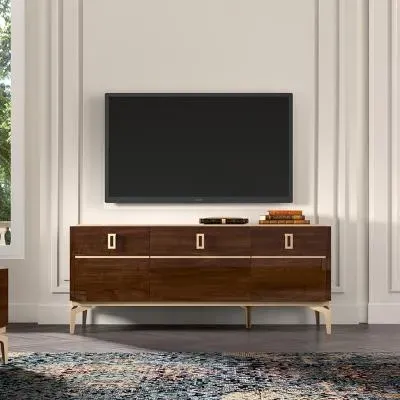Eva 140cm TV Unit with Gold Trim - Tobacco Walnut image