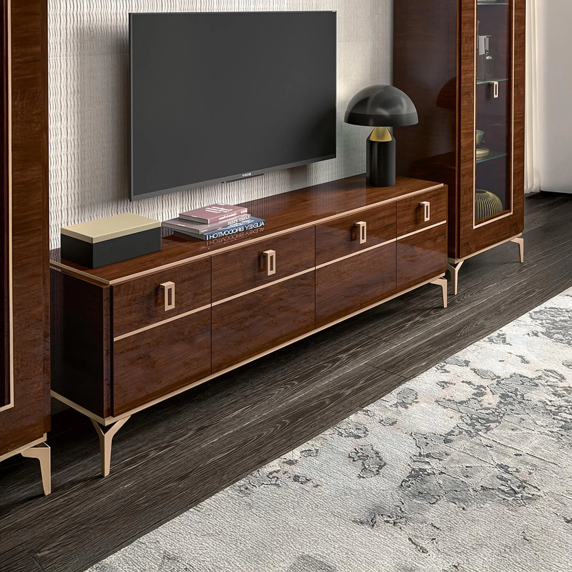 Eva 195cm TV Unit with Gold Trim - Tobacco Walnut