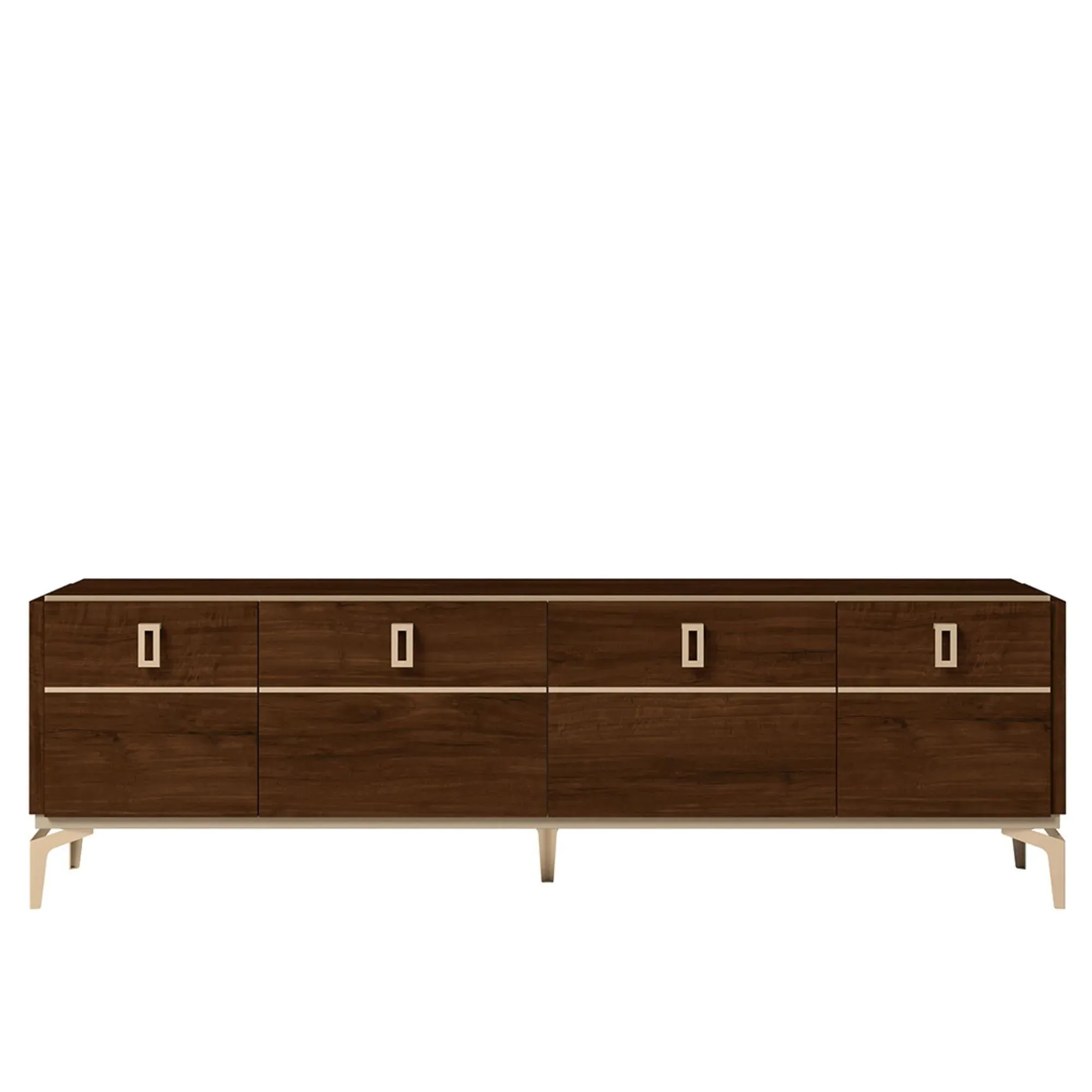 Eva 195cm TV Unit with Gold Trim - Tobacco Walnut