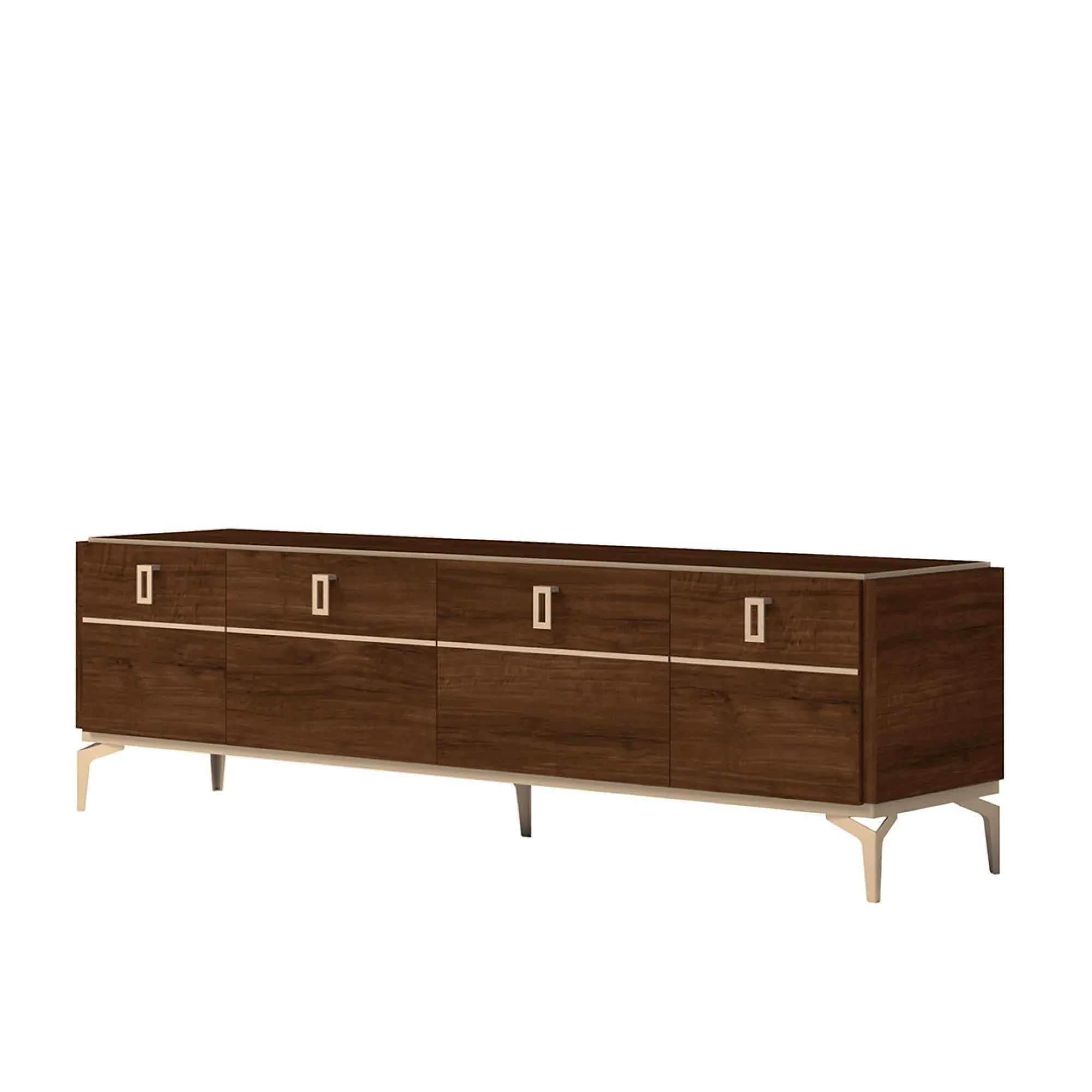 Eva 195cm TV Unit with Gold Trim - Tobacco Walnut