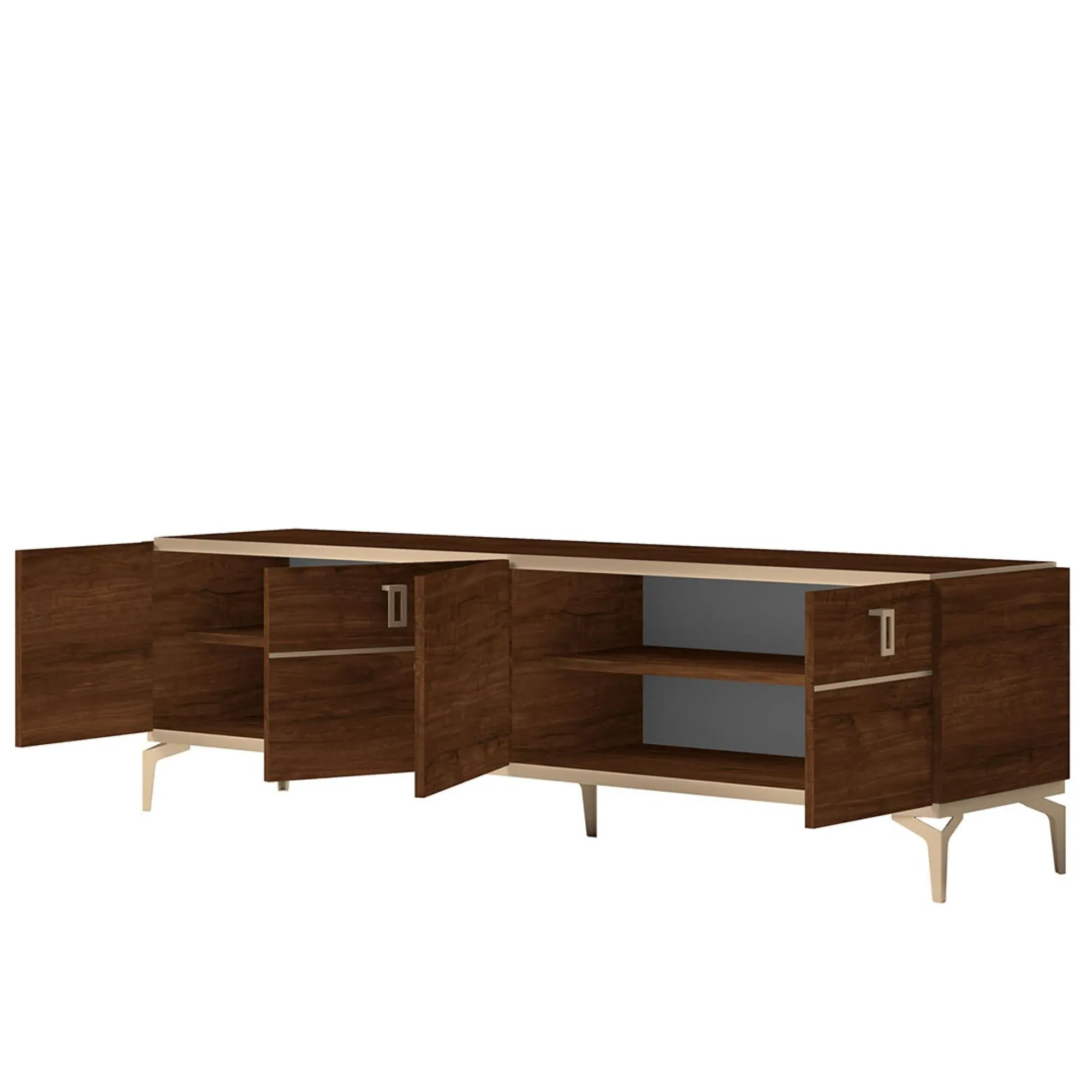 Eva 195cm TV Unit with Gold Trim - Tobacco Walnut