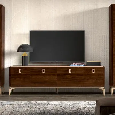 Eva 195cm TV Unit with Gold Trim - Tobacco Walnut image