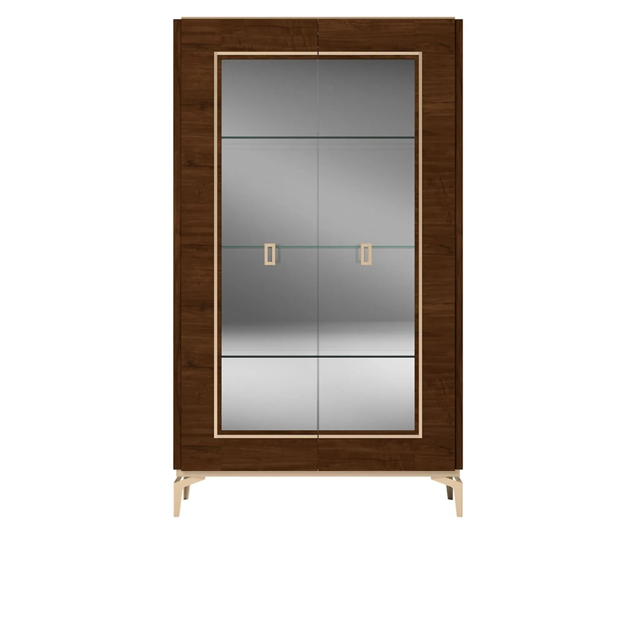 Eva 2 Glass Door Vitrine with Gold Trim - Walnut