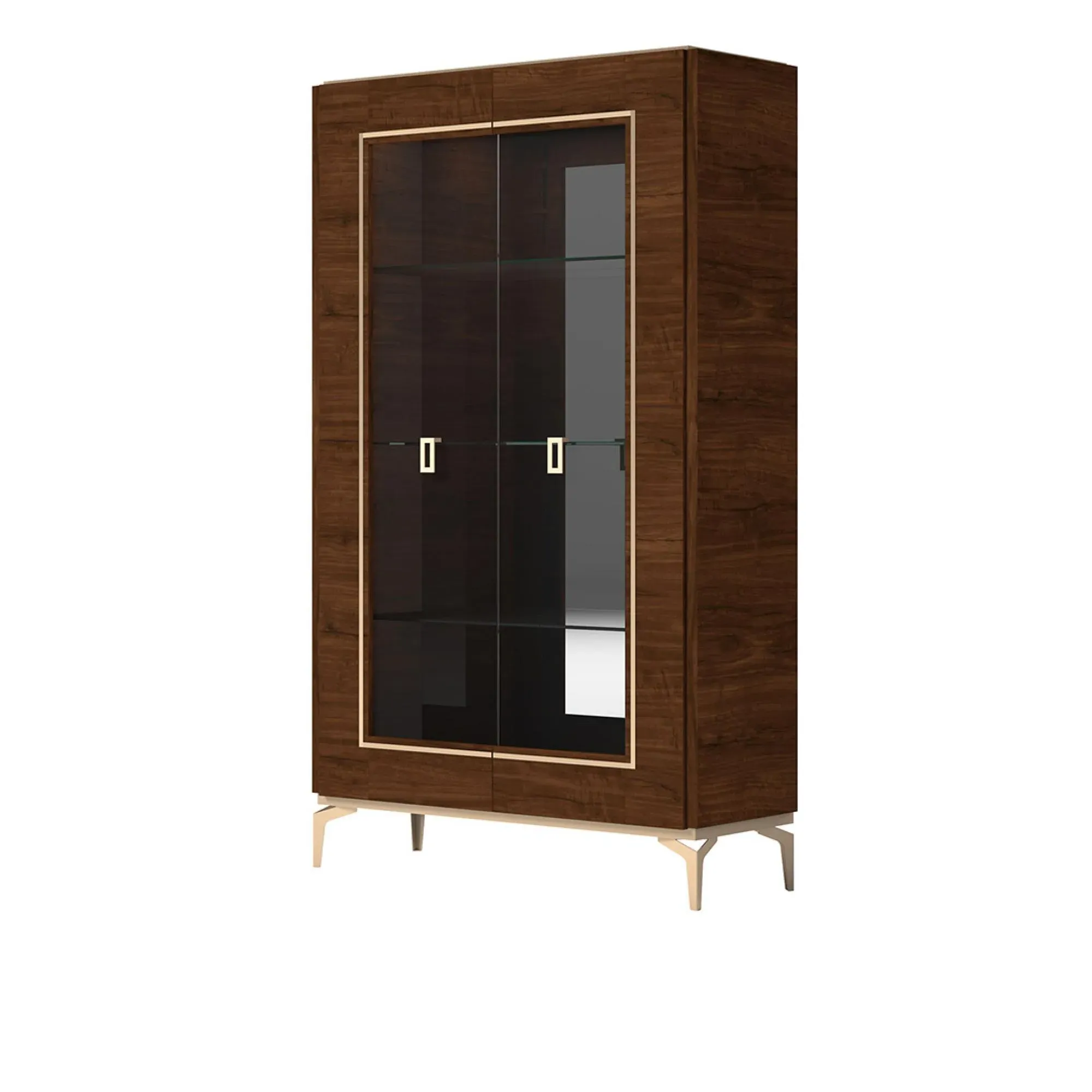 Eva 2 Glass Door Vitrine with Gold Trim - Walnut
