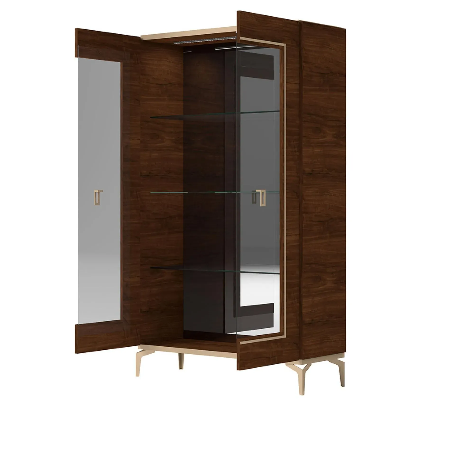 Eva 2 Glass Door Vitrine with Gold Trim - Walnut