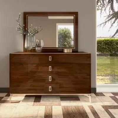 Eva Italian 4 Drawer Dresser with Gold Trim - Tobacco Walnut