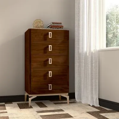 Eva Italian 5 Drawer Tall Chest with Gold Trim - Walnut