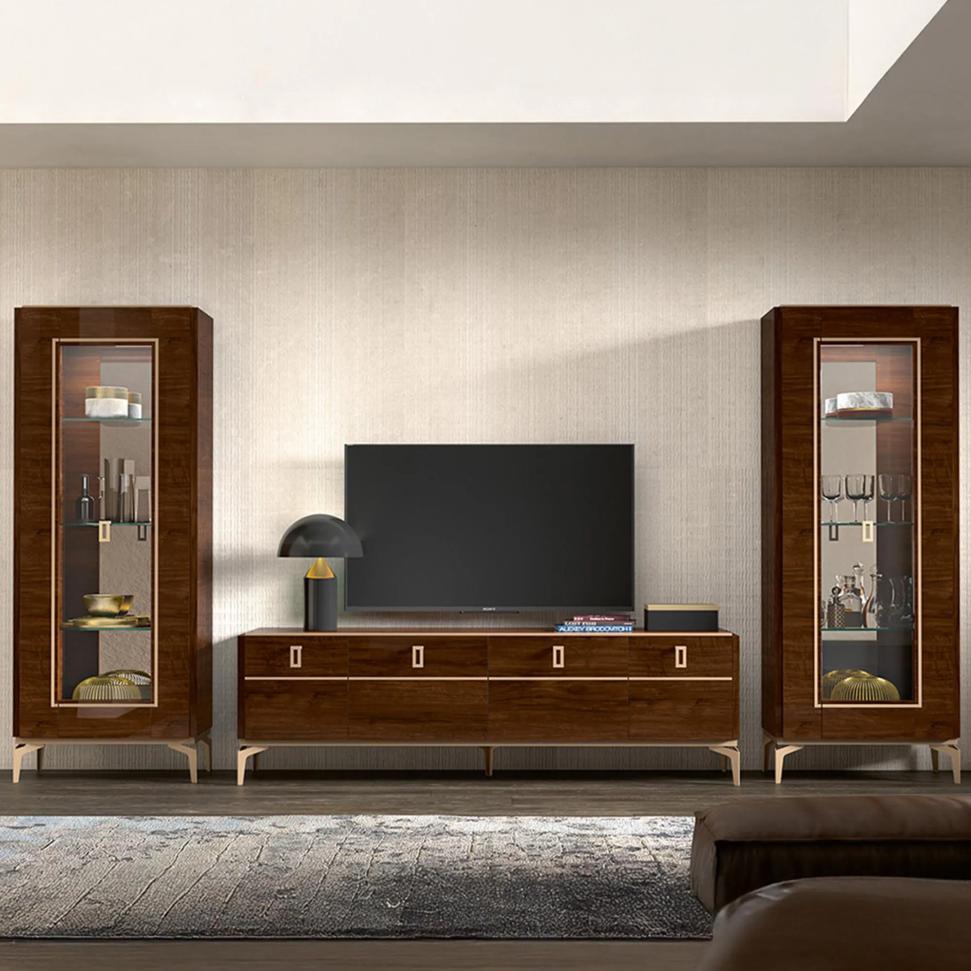 Eva Italian Glass Door Vitrine with Gold Trim - Tobacco Walnut