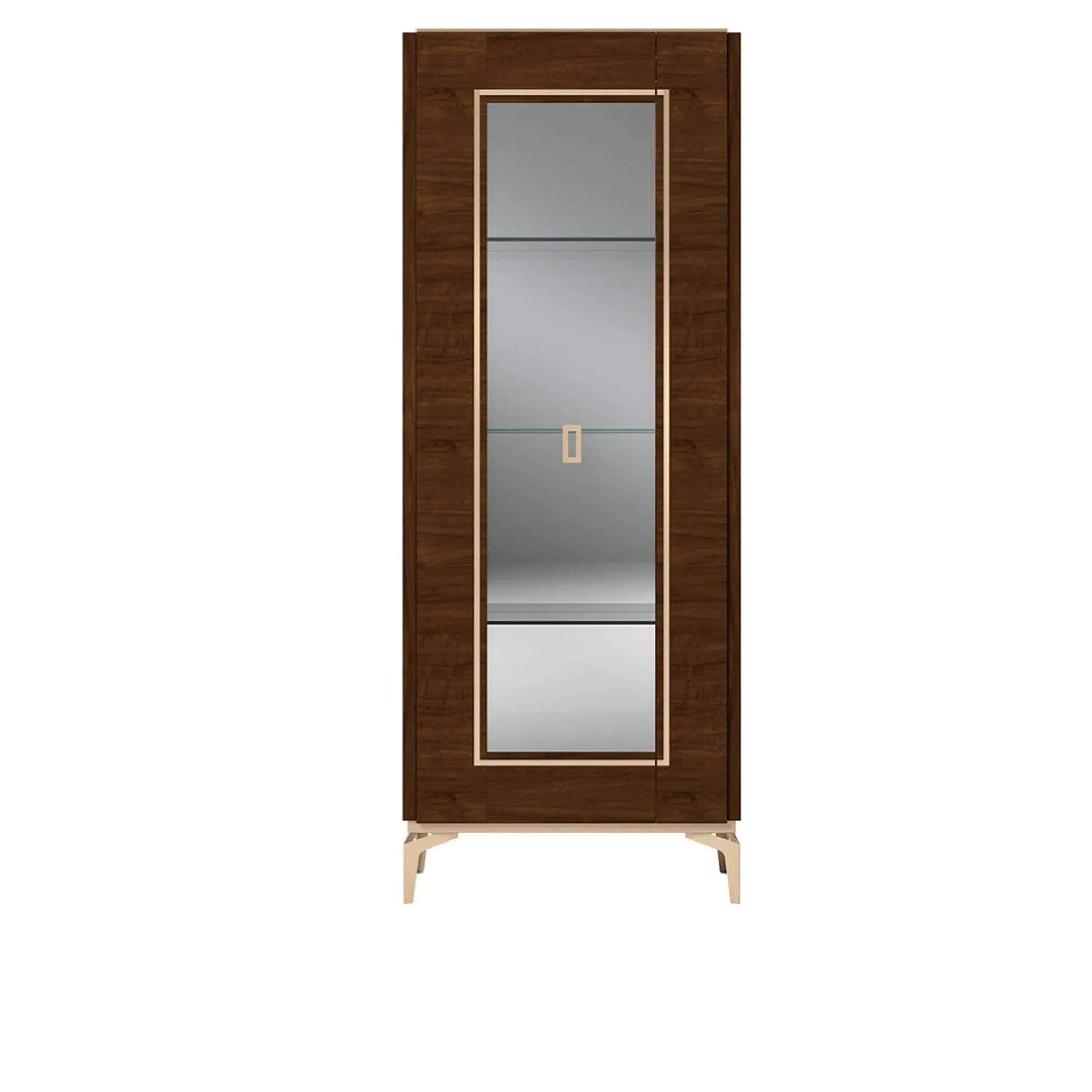 Eva Italian Glass Door Vitrine with Gold Trim - Tobacco Walnut