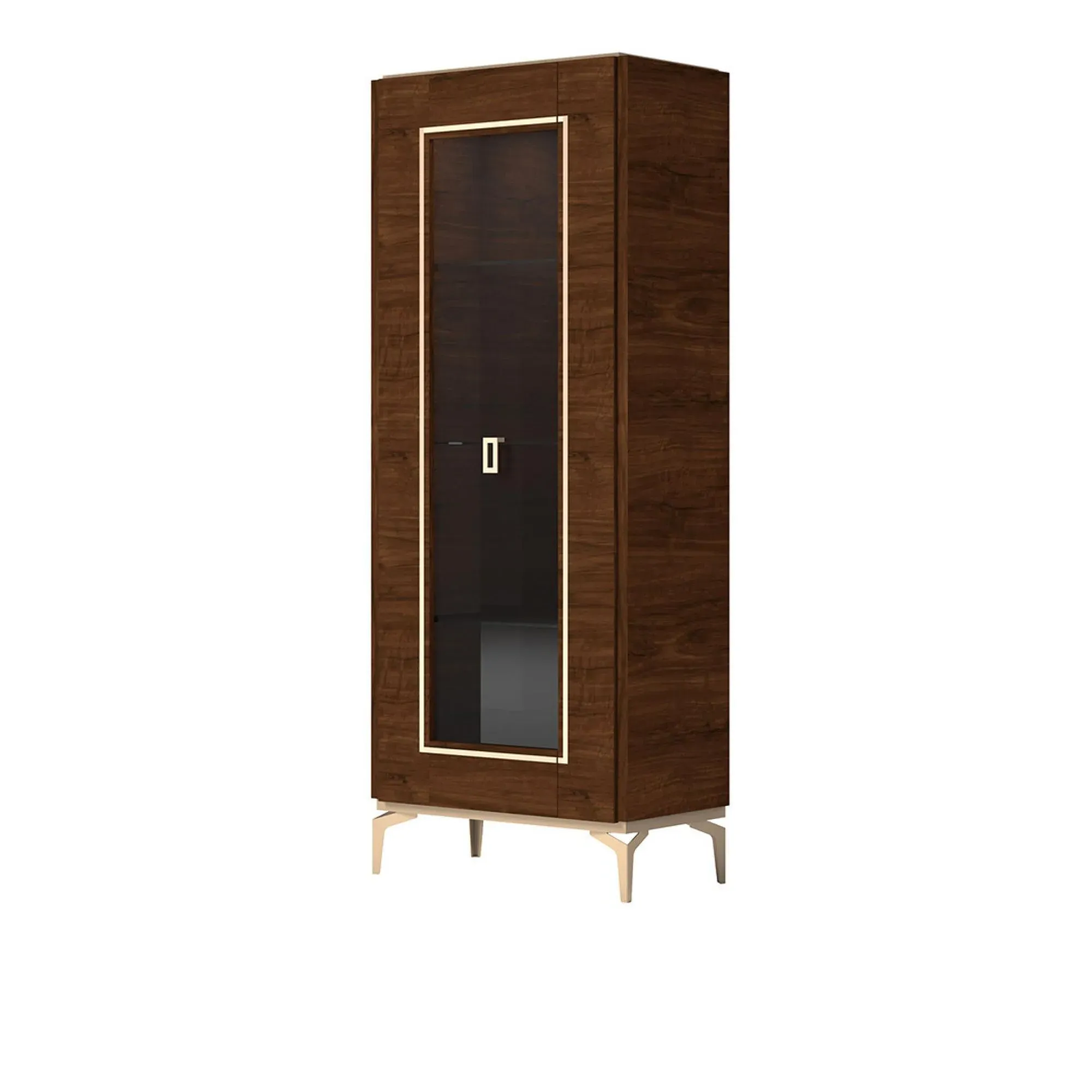 Eva Italian Glass Door Vitrine with Gold Trim - Tobacco Walnut