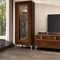 Eva Italian Glass Door Vitrine with Gold Trim - Tobacco Walnut