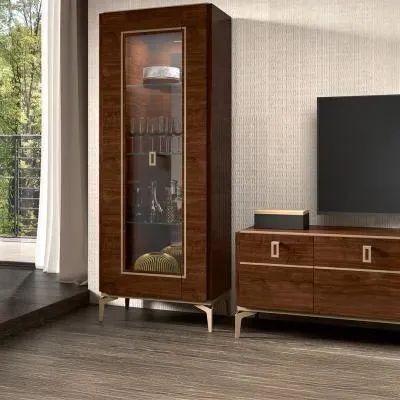 Eva Italian Glass Door Vitrine with Gold Trim - Tobacco Walnut