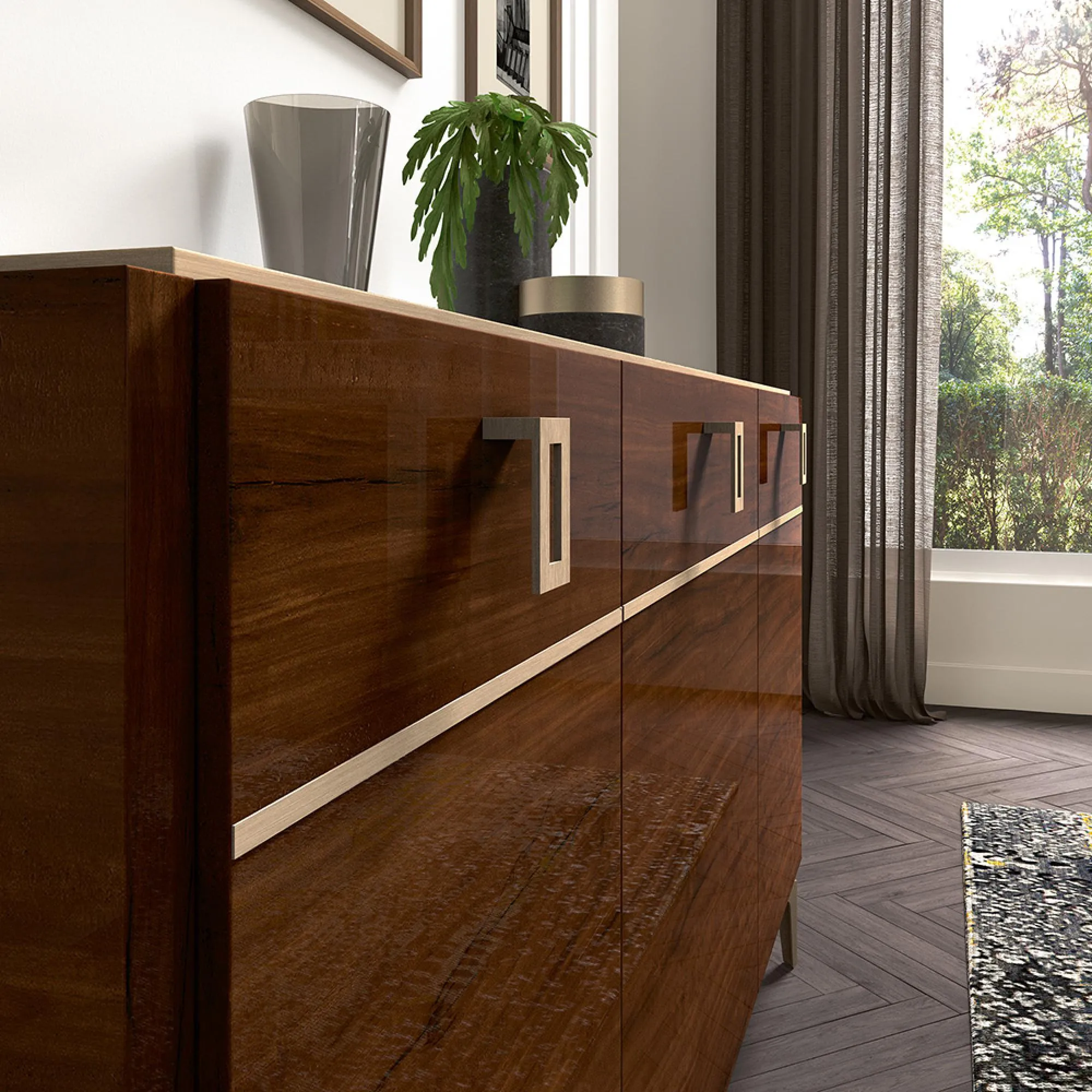 Eva Medium Buffet Sideboard with Gold Trim - Walnut