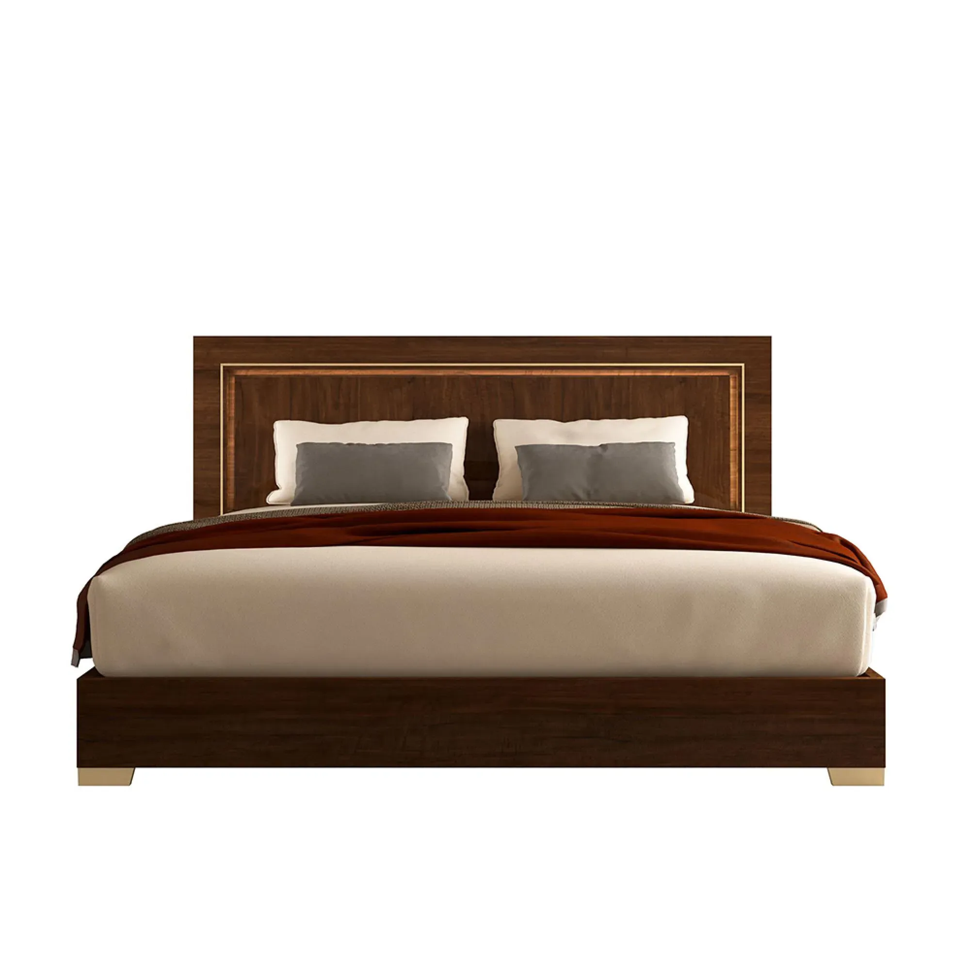 Eva Walnut Italian Bed with Gold Trim - Tobacco Walnut