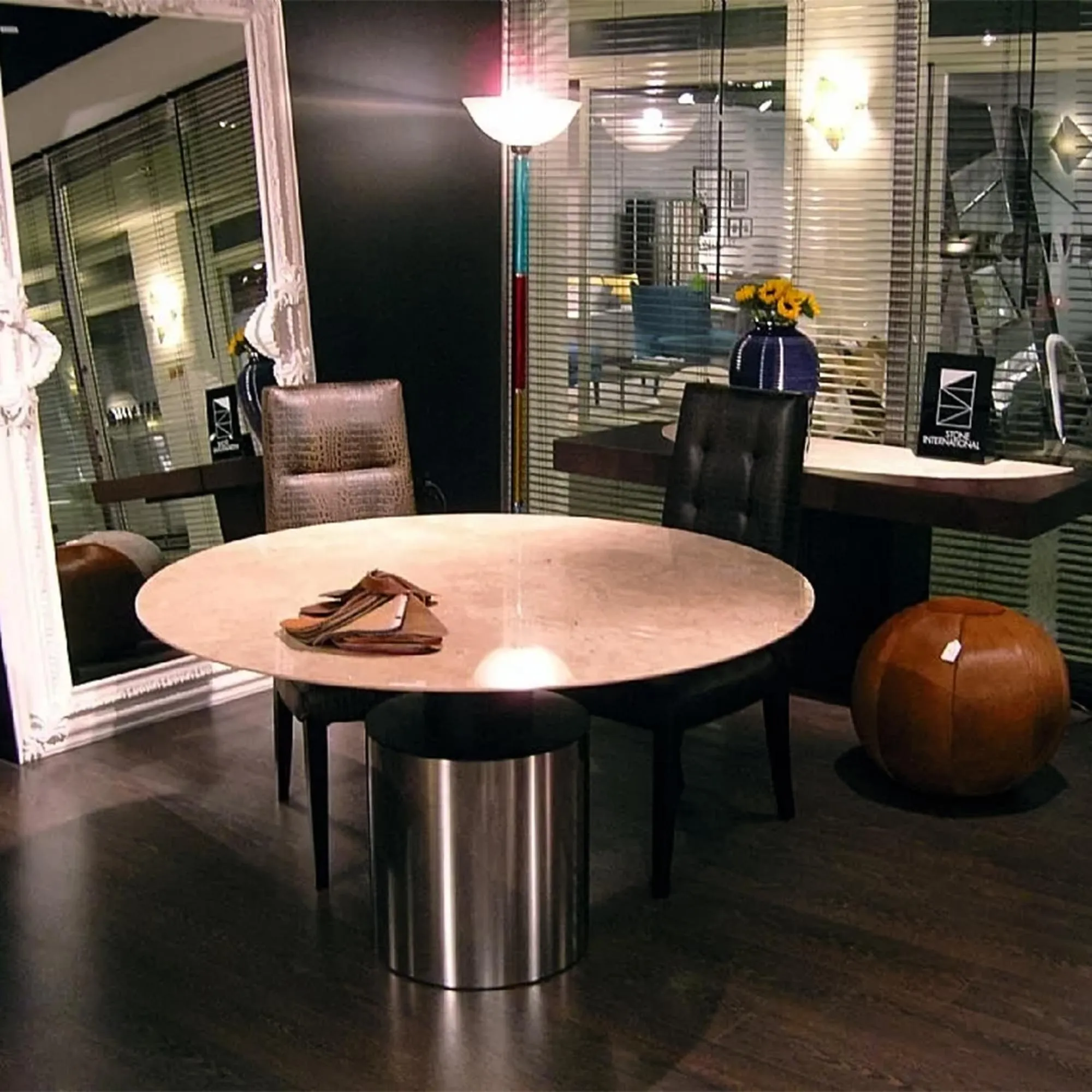 Athena Round Dining Table with Steel Pedestal Base - Marble