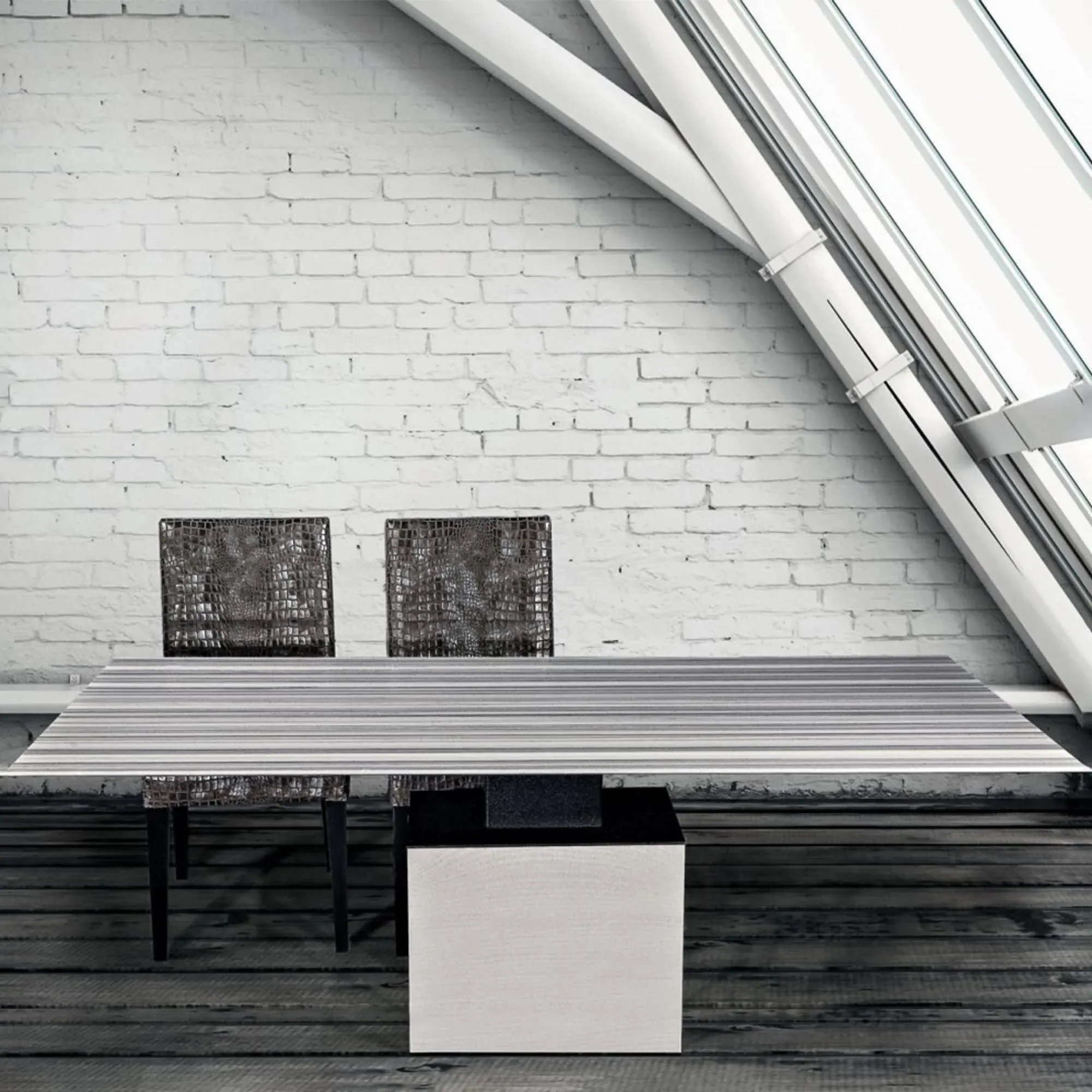 Athena Thin Dining Table with Steel Pedestal Base - Marble