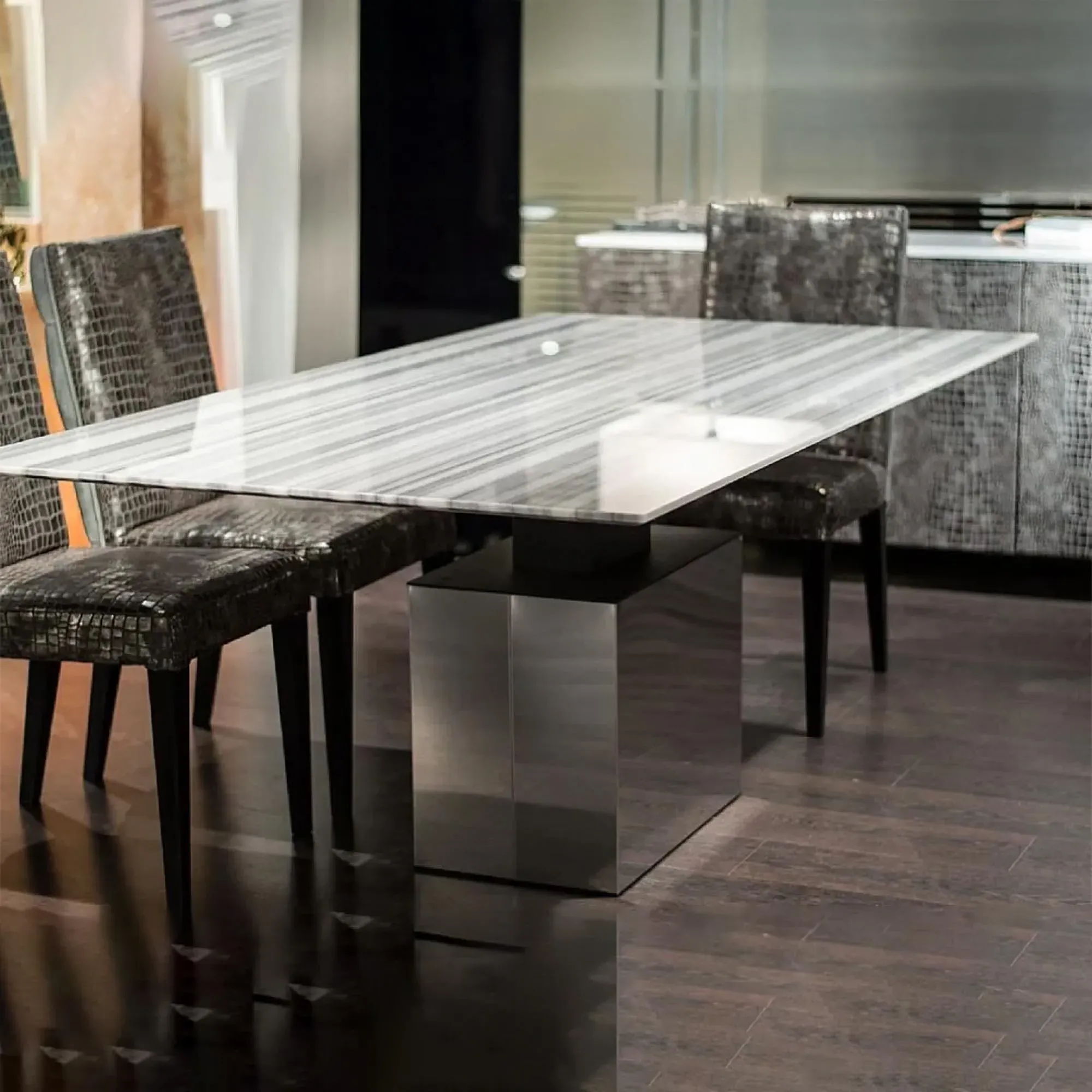 Athena Thin Dining Table with Steel Pedestal Base - Marble