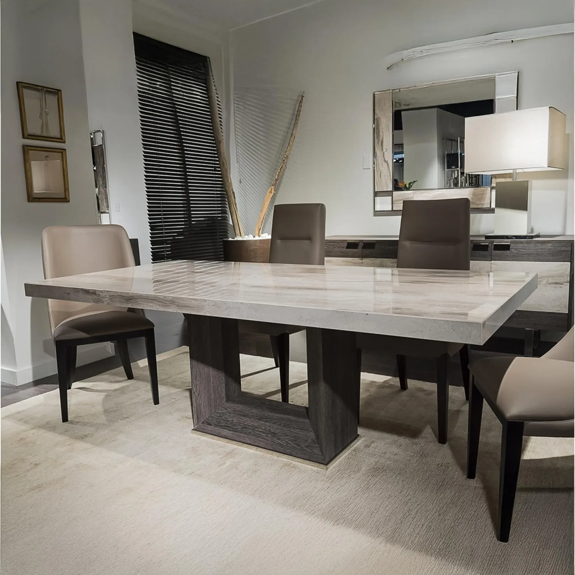 Blade Light Dining Table with Wooden Base - Marble, Steel