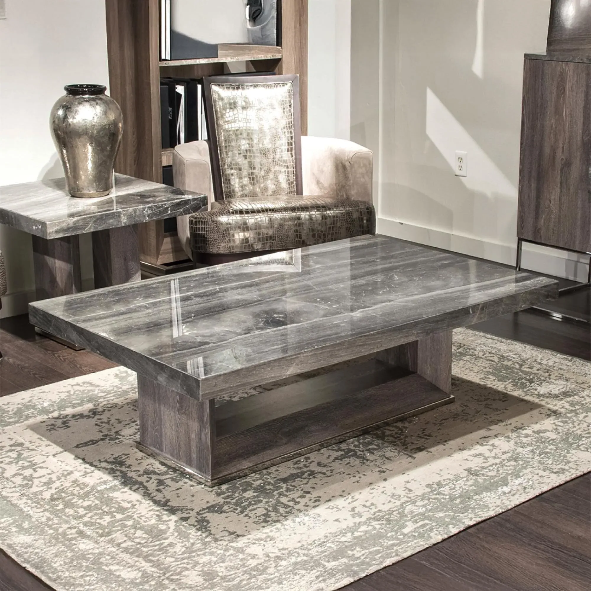 Blade Occasional Table with Wooden Base - Marble, Steel