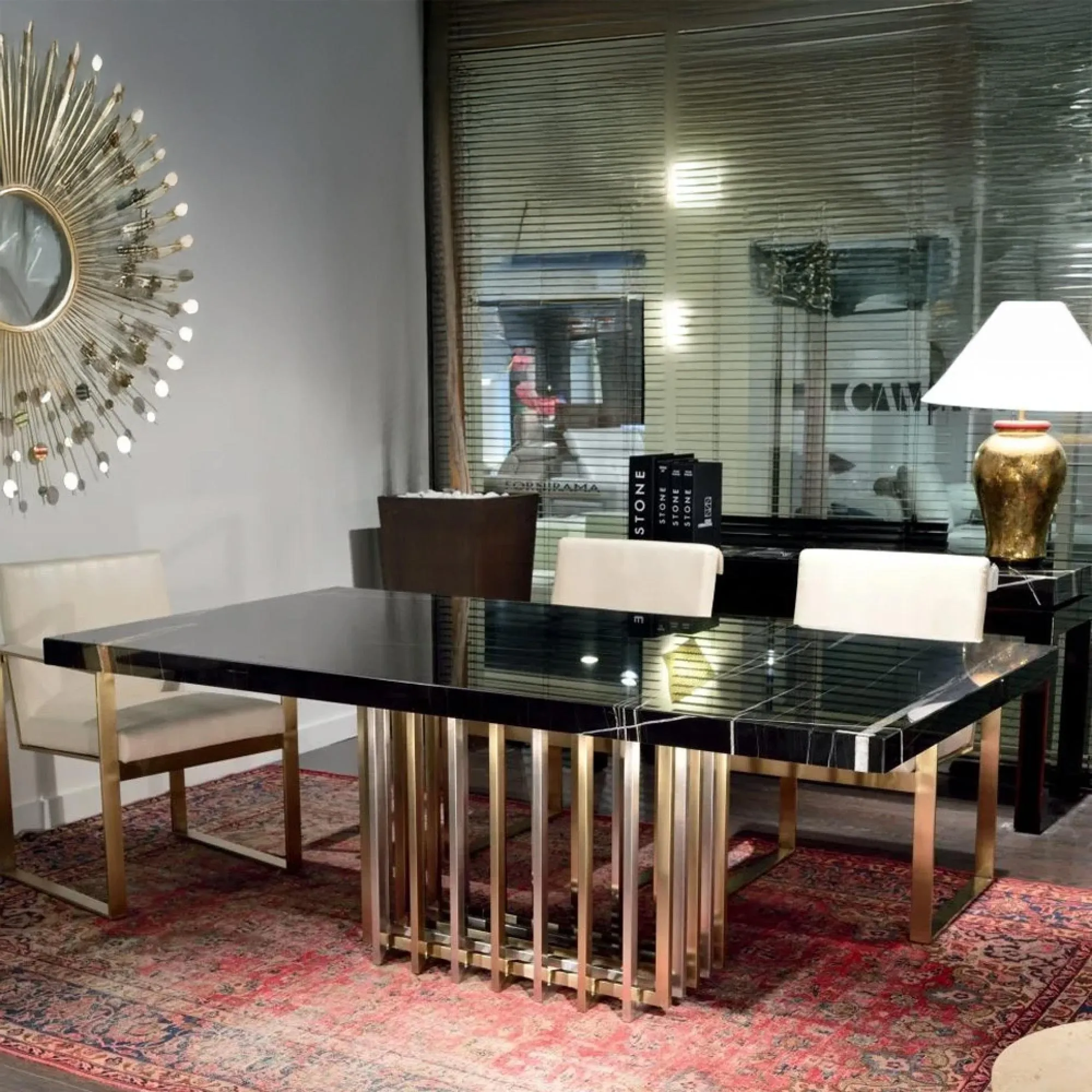 Cage Dining Table - Marble, Satin Brass