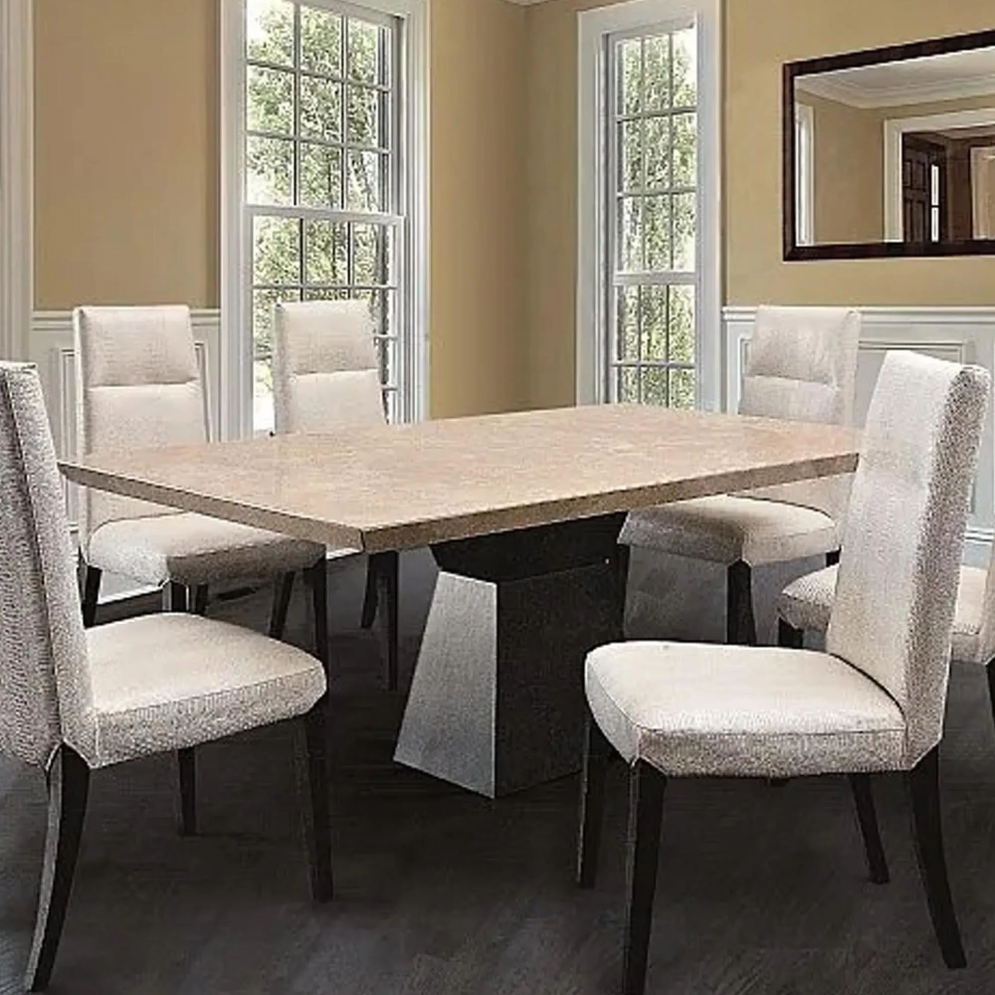 Clepsy Marble Dining Table with Wooden Pedestal Base