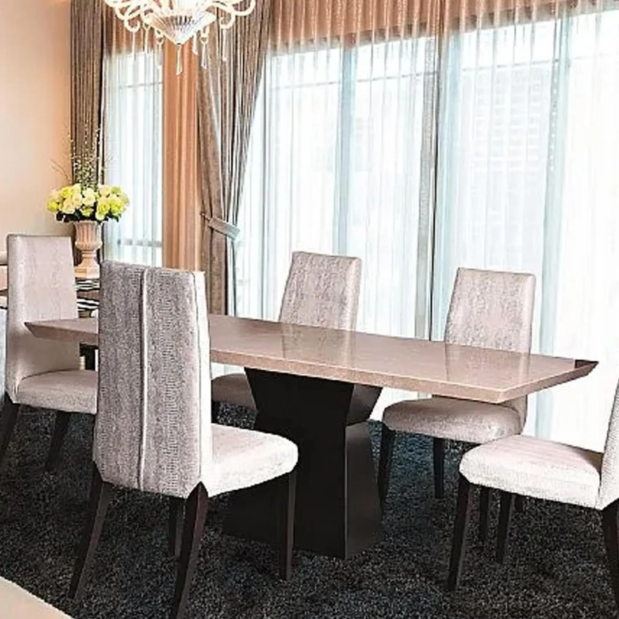 Clepsy Marble Dining Table with Wooden Pedestal Base